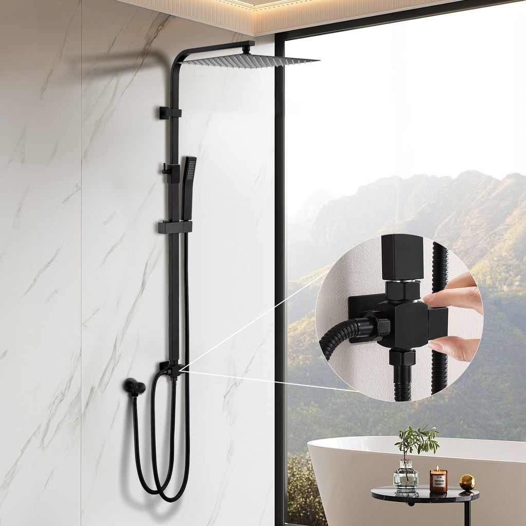 Lisslune | Rain shower without fitting Black shower system without thermostat Shower set Square Stainless steel head shower 30x30CM