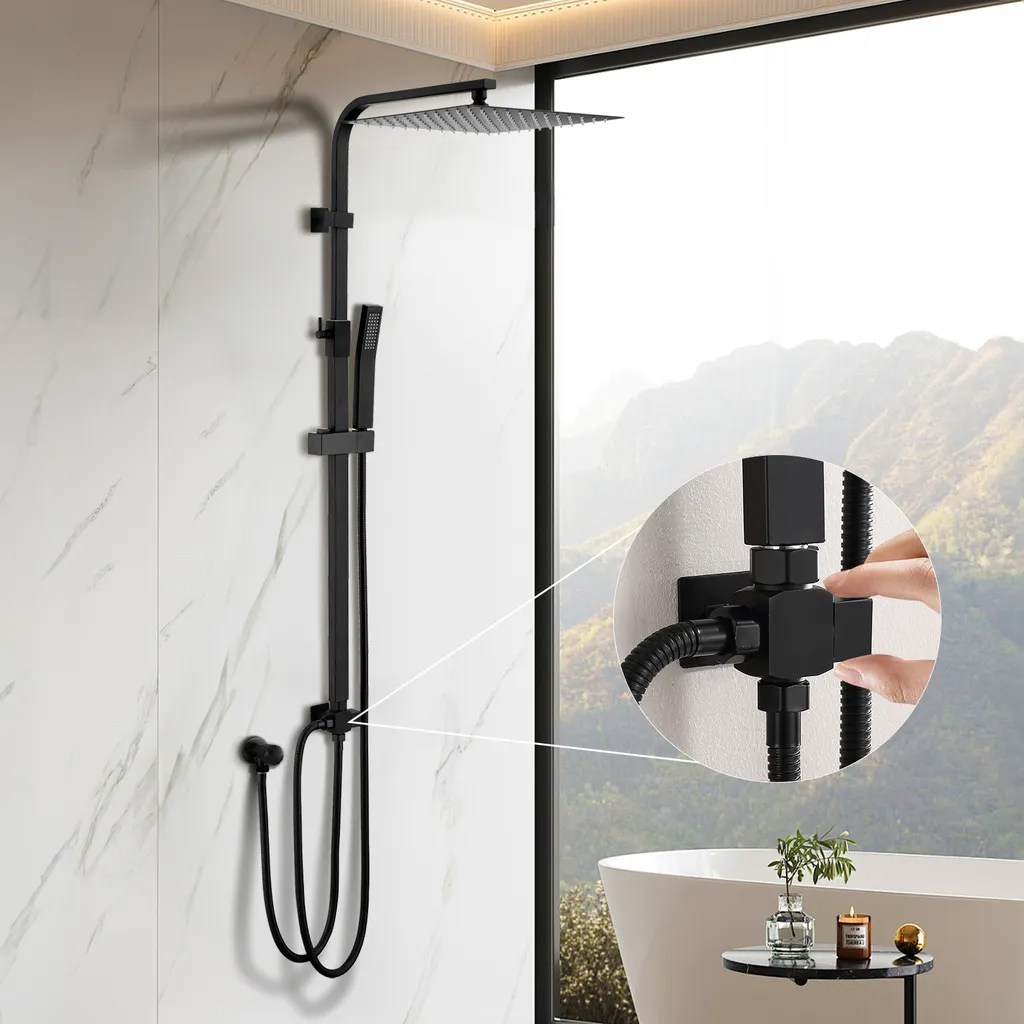 Lisslune | Rain shower without fitting Black shower system without thermostat Shower set Square Stainless steel head shower 30x30CM