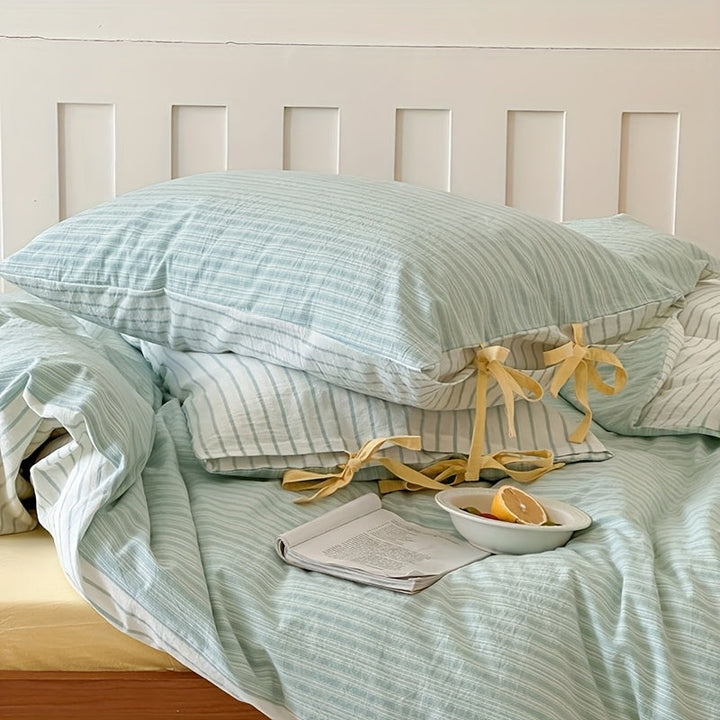 Lisslune | 3pcs, Neuer Koreanischer Stil Schleifen-Design Baumwoll-Set: Bettbezug*1 + Kissenbezüge*2, Koreanisches Schleifen-Design, Standardgröße A, Gestreiftes Muster mit Schleifendekoration, Stilvoll und Elegant
