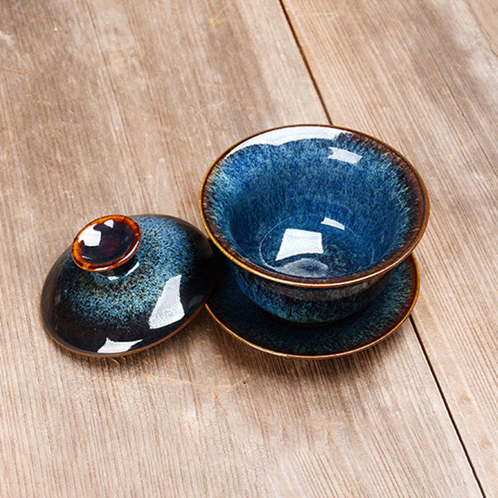 Lisslune | Vintage Kiln Ceramic Gaiwan Sancai Tea Cup Tea Cup and Saucer with Lid
