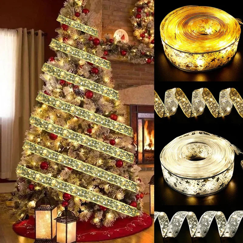 Lisslune | Christmas ribbon fairy lights Christmas decoration DIY bows lights tree ornament for home 2023 Christmas ornament New Year Navidad