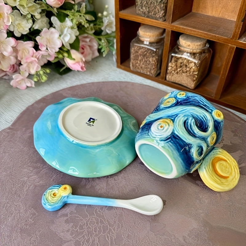 Lisslune | ArtSip Ceramic Cup & Saucer Set – Hand-painted 3D Design inspired by Van Gogh