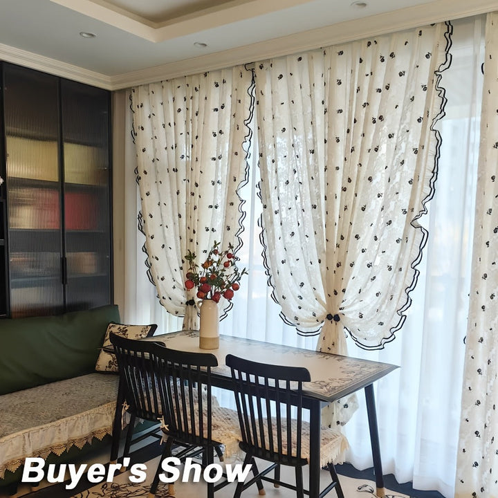 Rynx | Elegant French Romantic Rose Embroidered Curtains - 2 Piece Set, Beige & Cream Ruffle Design for Living Room and Bedroom, Light Filtering Rod Pocket Curtains