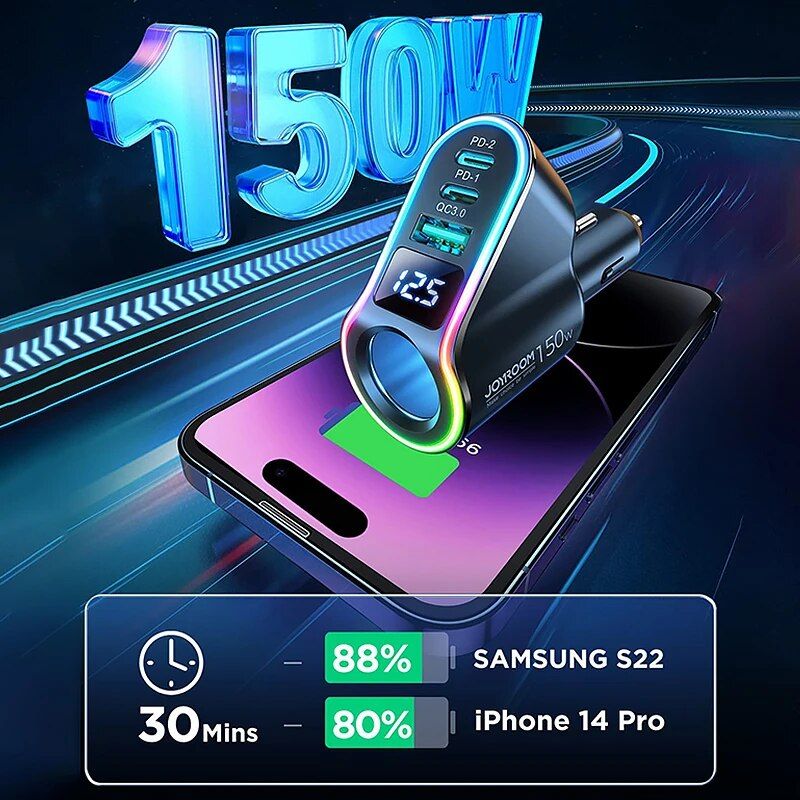 Lisslune | 150W 4-in-1 Fast Charger for Car with USB & Cigarette Lighter Splitter