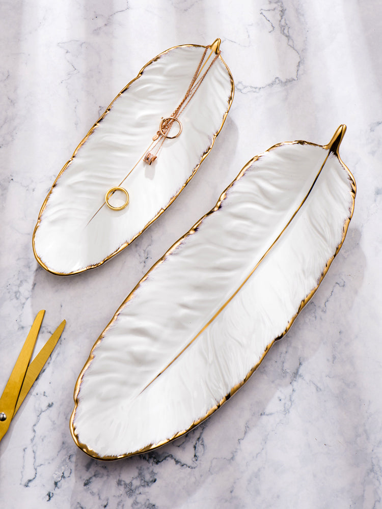 Lisslune | Nordic Light Luxury Style on Golden Feather Plate Retro Jewelry Plate Storage Plate Snack Plate Home Decor