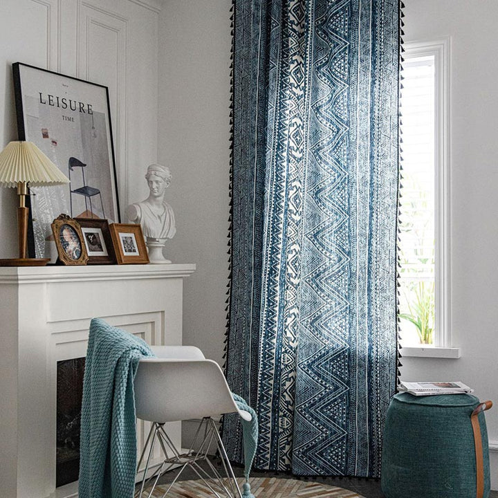 Lisslune | Blue geometric pattern light-filtering curtain