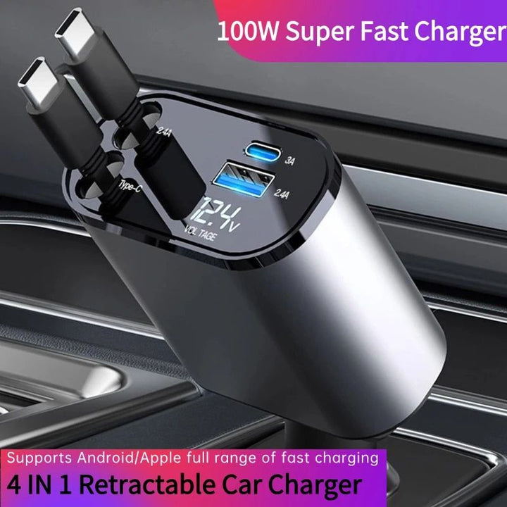 Lisslune | High-Speed 4-in-1 Retractable Car Charger with Dual USB, Type-C & Lightning Cables