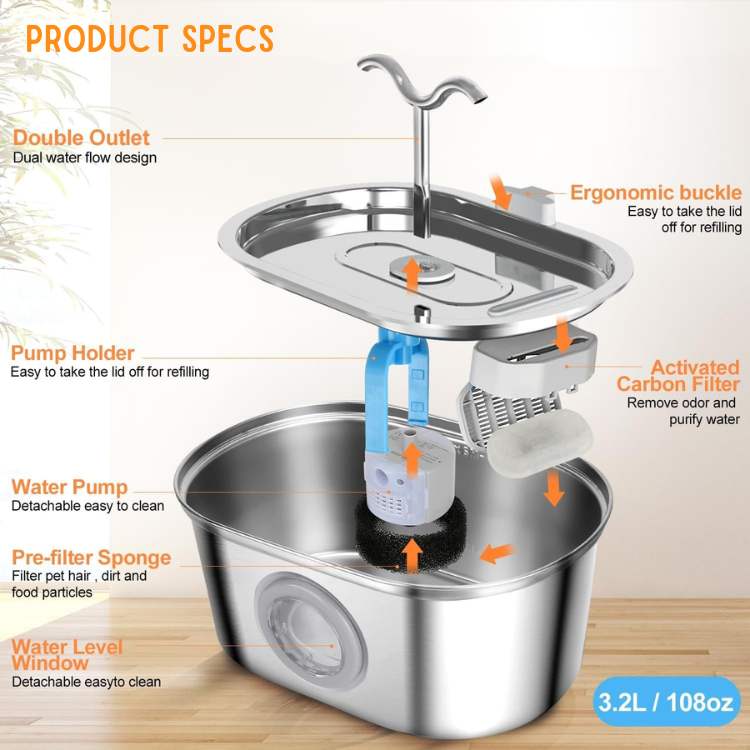 Lisslune | Cat Water Fountain made of Stainless Steel – Quiet, Hygienic and BPA-free – 2L Capacity