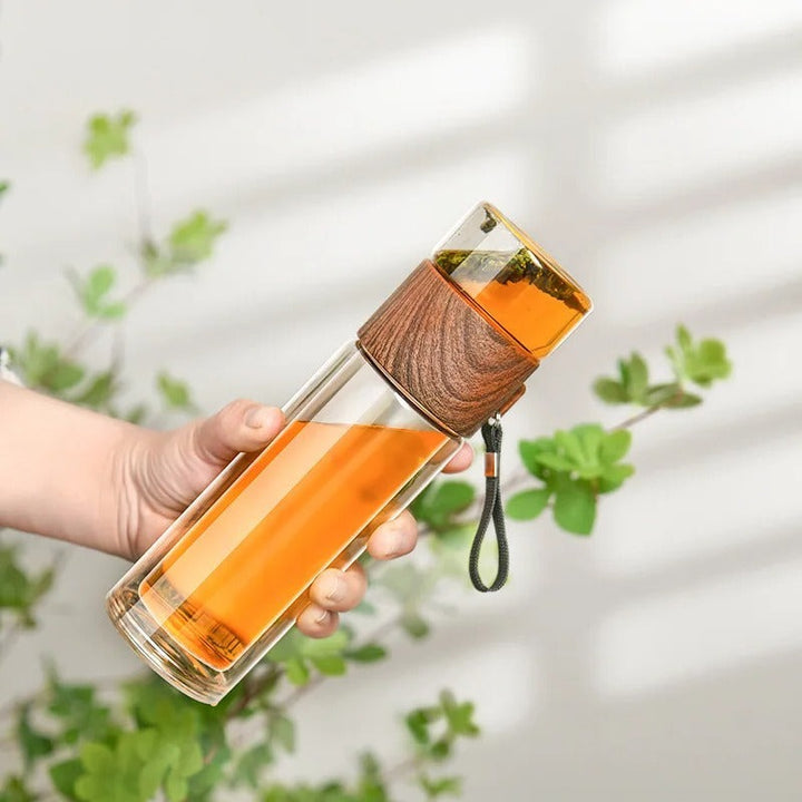 Lisslune | Thermos Bottle with Tea Filter – Glass & Wood – Double-Walled – 500 ml – ClearTherm