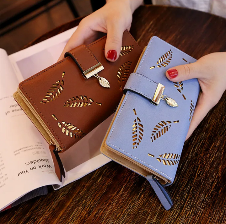 Lisslune | GoldenLeaf PU Leather Wallet with Leaf Charm Design