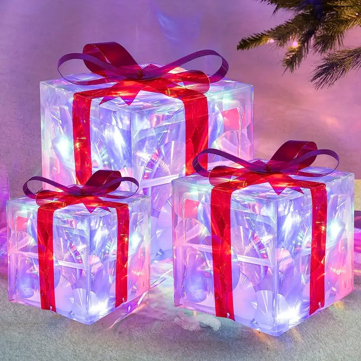 Lisslune | GlowBox LED Gift Boxes – Set of 3 Illuminated Christmas Gifts for Indoor and Outdoor
