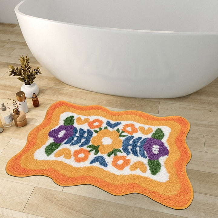 Lisslune | Colorful Flower Bathroom Mat, Orange Flora Soft Bathroom Rug, Woven Bath Mat, Purple Tulip Water-Absorbent Non-Slip Bath Mat