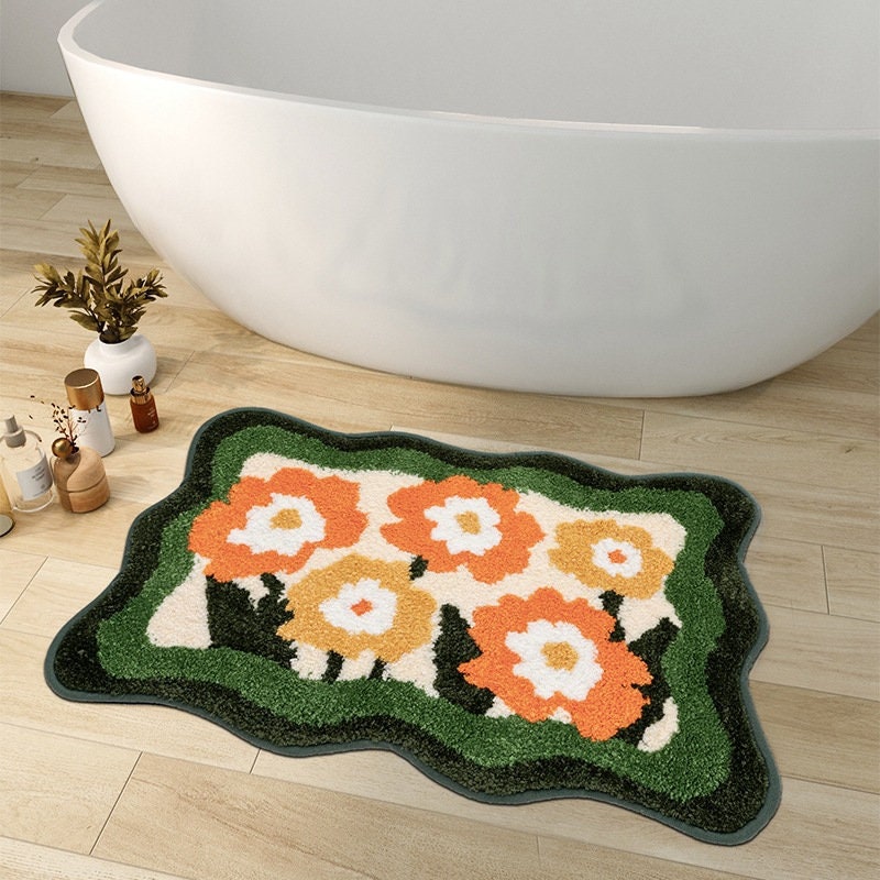 Lisslune | Colorful Flower Bathroom Mat, Orange Flora Soft Bathroom Rug, Woven Bath Mat, Purple Tulip Water-Absorbent Non-Slip Bath Mat