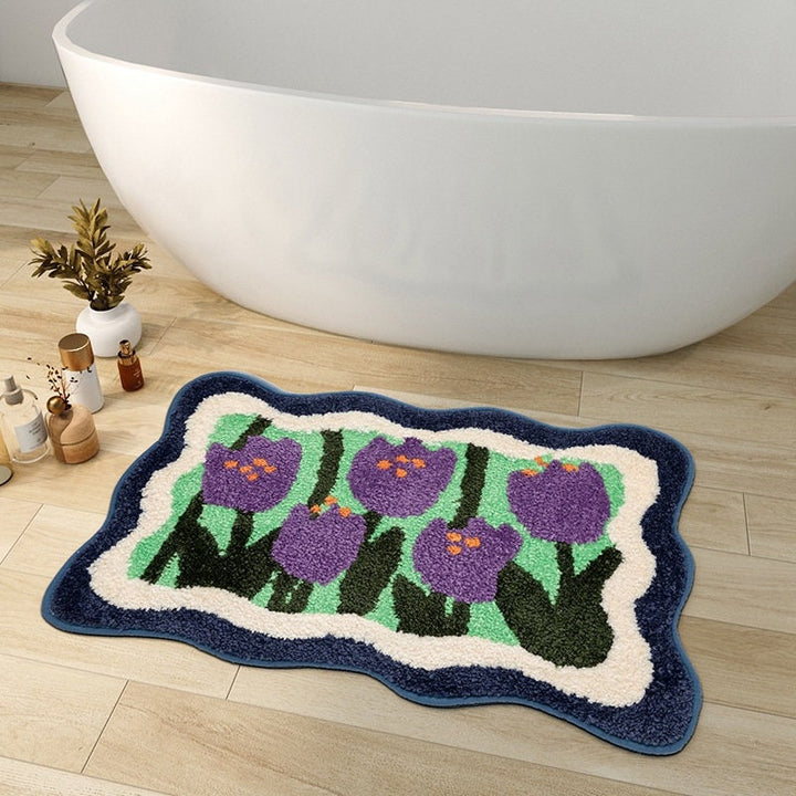 Lisslune | Colorful Flower Bathroom Mat, Orange Flora Soft Bathroom Rug, Woven Bath Mat, Purple Tulip Water-Absorbent Non-Slip Bath Mat