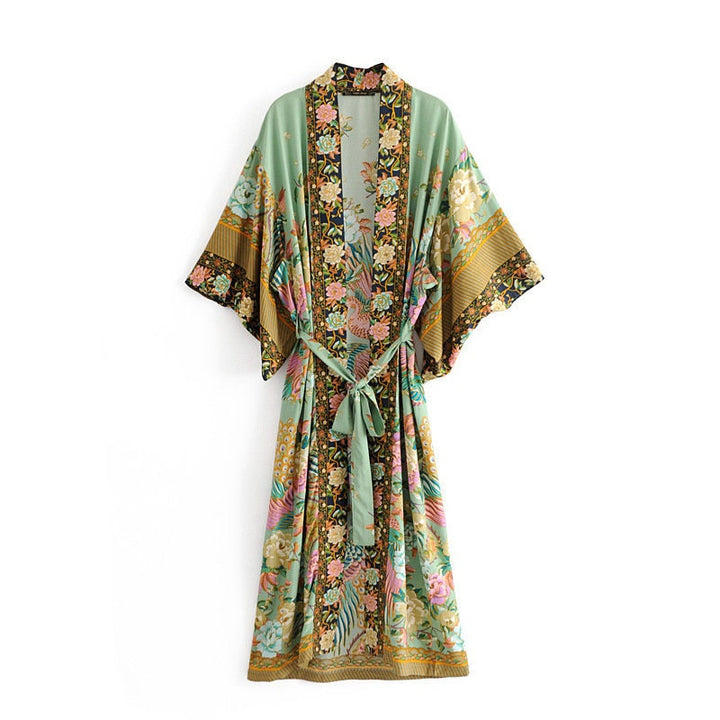 Lisslune | Cotton Kimono Boho Vintage Cotton Peacock Flower Pattern Print Belt Women Bohemian V Neck Bat Sleeve Robe Kimono, Gift for Her