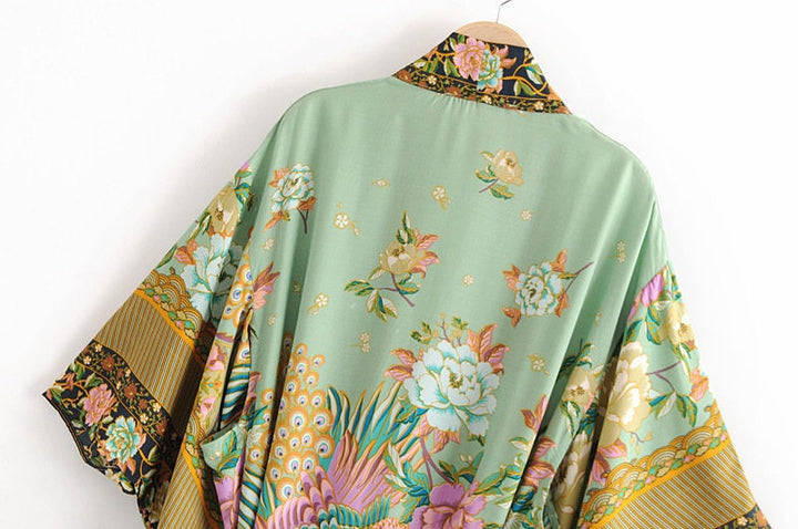 Lisslune | Cotton Kimono Boho Vintage Cotton Peacock Flower Pattern Print Belt Women Bohemian V Neck Bat Sleeve Robe Kimono, Gift for Her