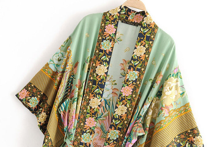 Lisslune | Cotton Kimono Boho Vintage Cotton Peacock Flower Pattern Print Belt Women Bohemian V Neck Bat Sleeve Robe Kimono, Gift for Her