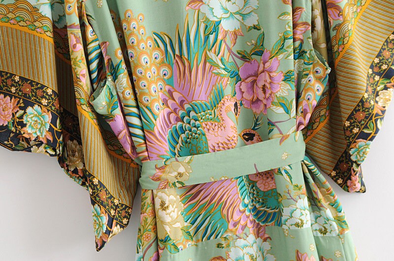 Lisslune | Cotton Kimono Boho Vintage Cotton Peacock Flower Pattern Print Belt Women Bohemian V Neck Bat Sleeve Robe Kimono, Gift for Her