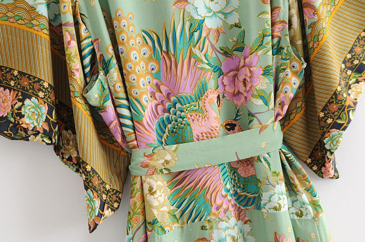 Lisslune | Cotton Kimono Boho Vintage Cotton Peacock Flower Pattern Print Belt Women Bohemian V Neck Bat Sleeve Robe Kimono, Gift for Her