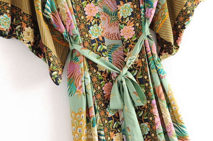 Lisslune | Cotton Kimono Boho Vintage Cotton Peacock Flower Pattern Print Belt Women Bohemian V Neck Bat Sleeve Robe Kimono, Gift for Her