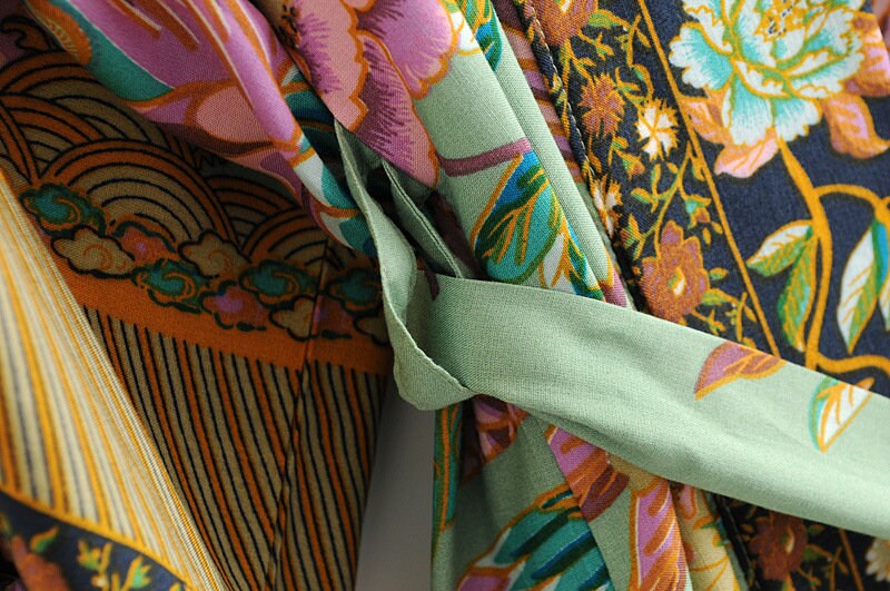 Lisslune | Cotton Kimono Boho Vintage Cotton Peacock Flower Pattern Print Belt Women Bohemian V Neck Bat Sleeve Robe Kimono, Gift for Her
