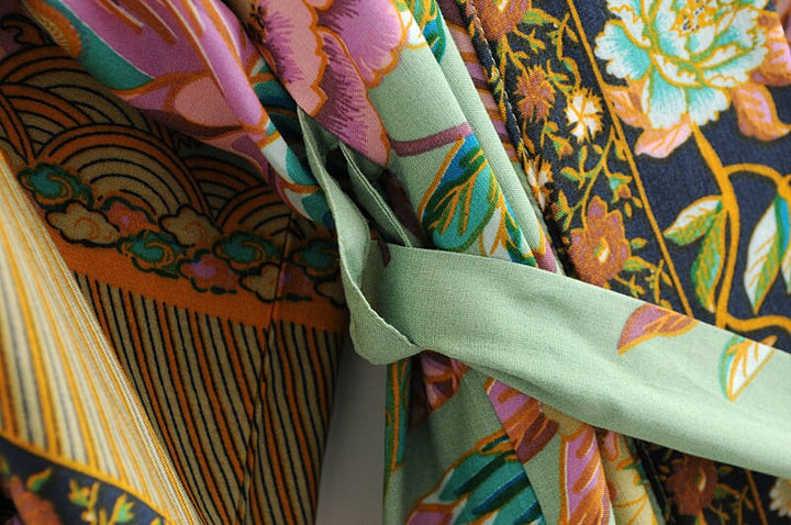 Lisslune | Cotton Kimono Boho Vintage Cotton Peacock Flower Pattern Print Belt Women Bohemian V Neck Bat Sleeve Robe Kimono, Gift for Her