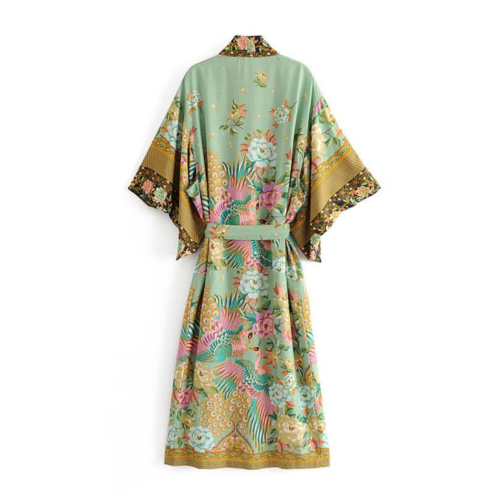 Lisslune | Cotton Kimono Boho Vintage Cotton Peacock Flower Pattern Print Belt Women Bohemian V Neck Bat Sleeve Robe Kimono, Gift for Her