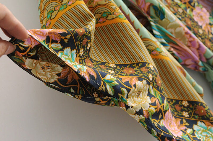 Lisslune | Cotton Kimono Boho Vintage Cotton Peacock Flower Pattern Print Belt Women Bohemian V Neck Bat Sleeve Robe Kimono, Gift for Her
