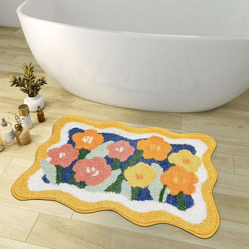 Lisslune | Colorful Flower Bathroom Mat, Orange Flora Soft Bathroom Rug, Woven Bath Mat, Purple Tulip Water-Absorbent Non-Slip Bath Mat