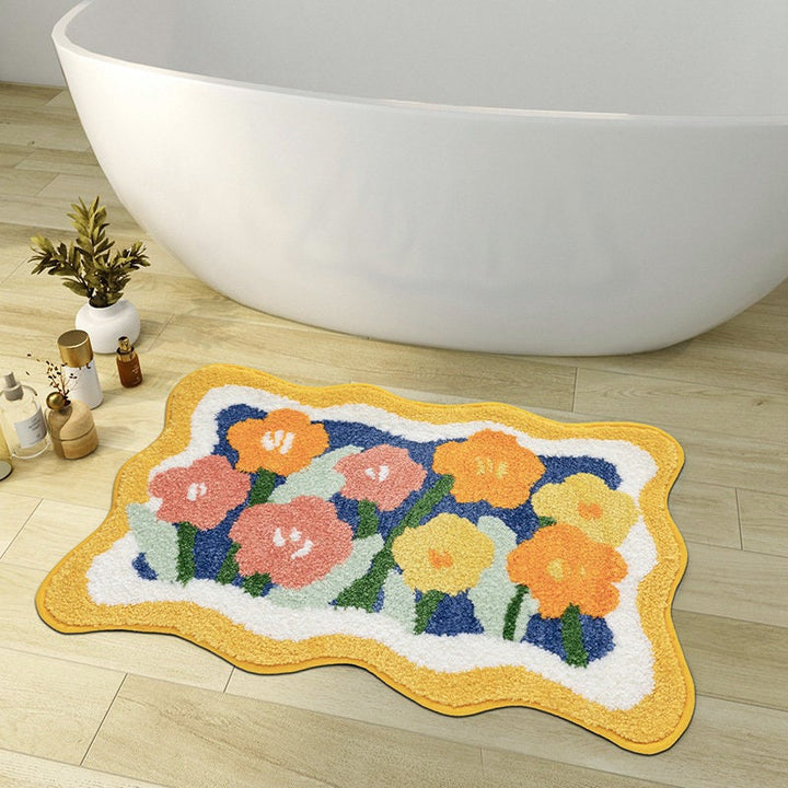 Lisslune | Colorful Flower Bathroom Mat, Orange Flora Soft Bathroom Rug, Woven Bath Mat, Purple Tulip Water-Absorbent Non-Slip Bath Mat