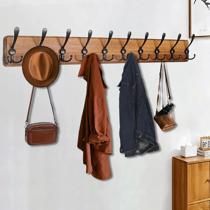 Lisslune | Wooden Wall-Mounted Coat Rack with 10 Hooks