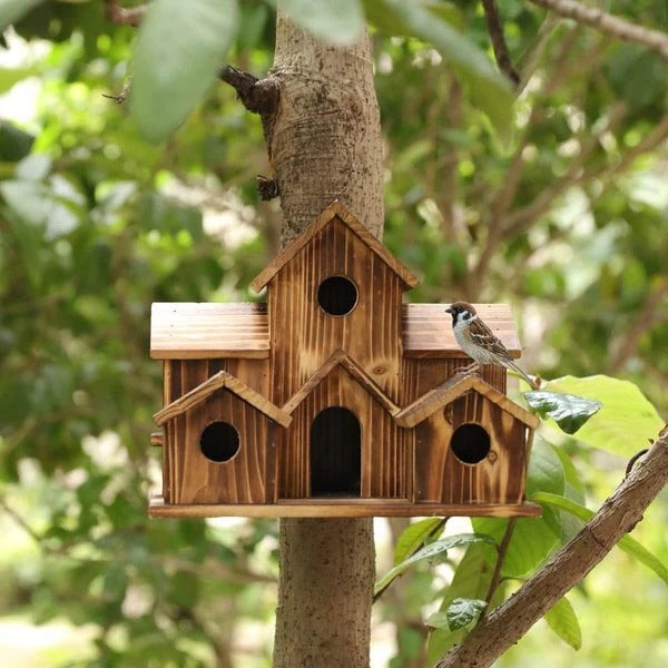 Lisslune | Handcrafted Wooden Birdhouse  Tree Birdhouse with 6 Holes