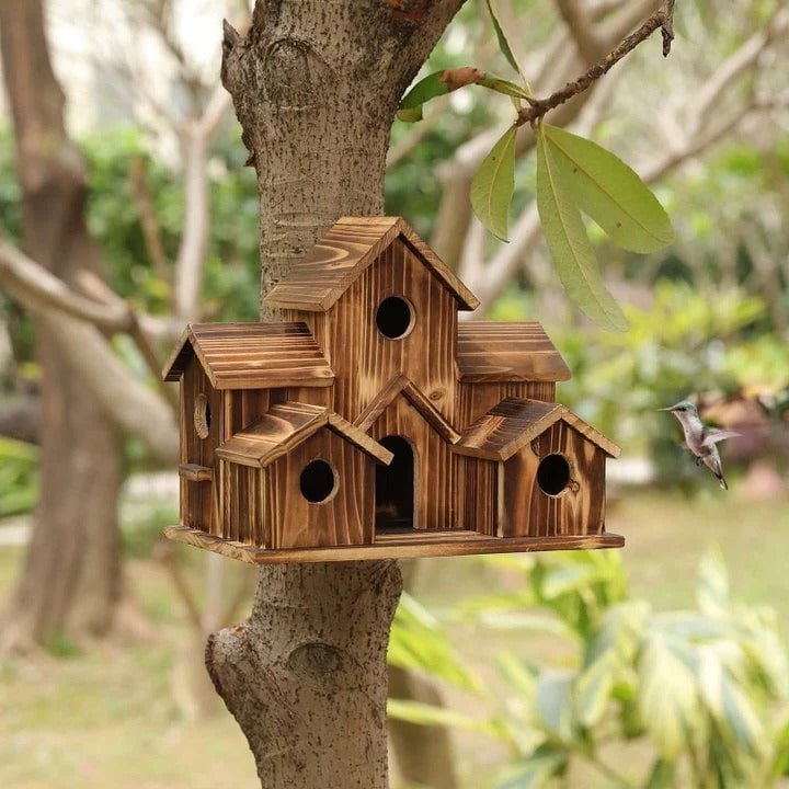 Lisslune | Handcrafted Wooden Birdhouse  Tree Birdhouse with 6 Holes