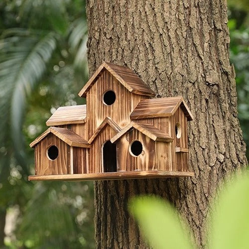 Lisslune | Handcrafted Wooden Birdhouse  Tree Birdhouse with 6 Holes