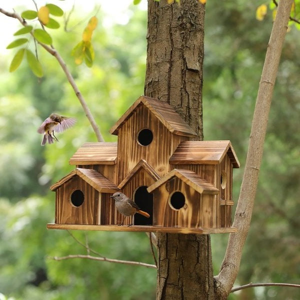 Lisslune | Handcrafted Wooden Birdhouse  Tree Birdhouse with 6 Holes