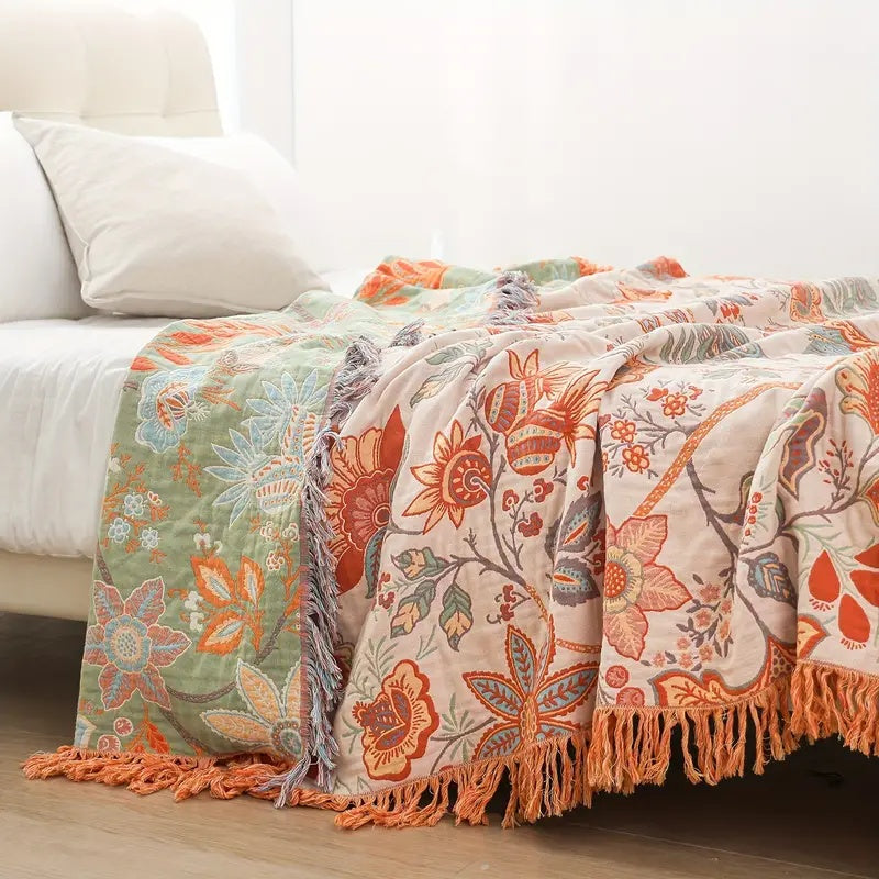 Lisslune | Rustic Floral Boho Blanket | 100% Cotton Blanket for Sensitive Skin