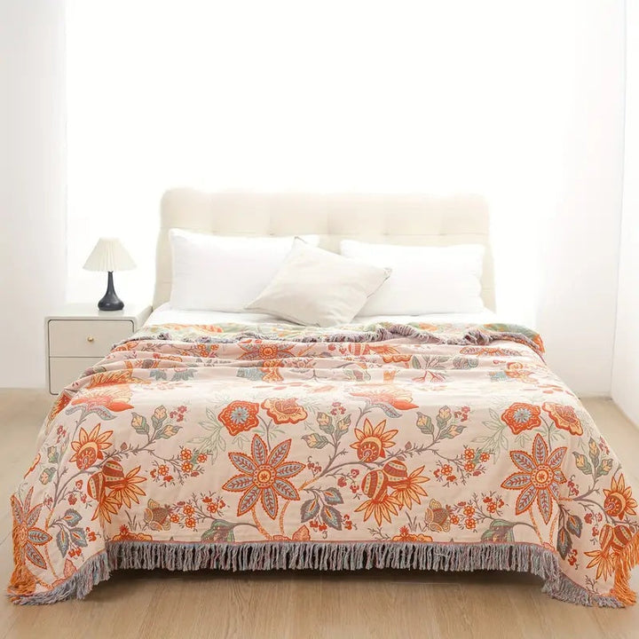 Lisslune | Rustic Floral Boho Blanket | 100% Cotton Blanket for Sensitive Skin