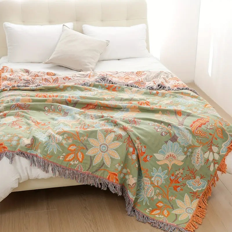 Lisslune | Boho Floral Cotton Throw Blanket with Fringe – Cream & Orange