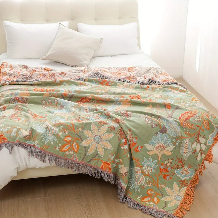 Lisslune | Boho Floral Cotton Throw Blanket with Fringe – Cream & Orange
