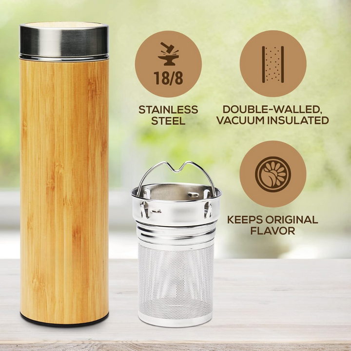 Lisslune | Isolated Premium Bamboo Loose Leaf Tea Infuser Bottle - 500ml
