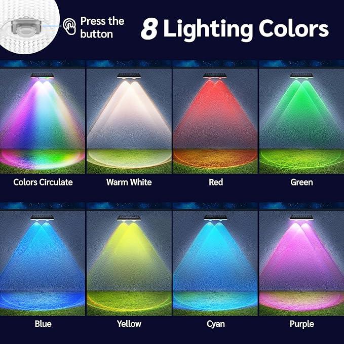 Lisslune | Solar fence lights outdoor warm white & RGB changing solar deck lights, LED solar lights for outdoor wall railing terrace stairs step garden backyard