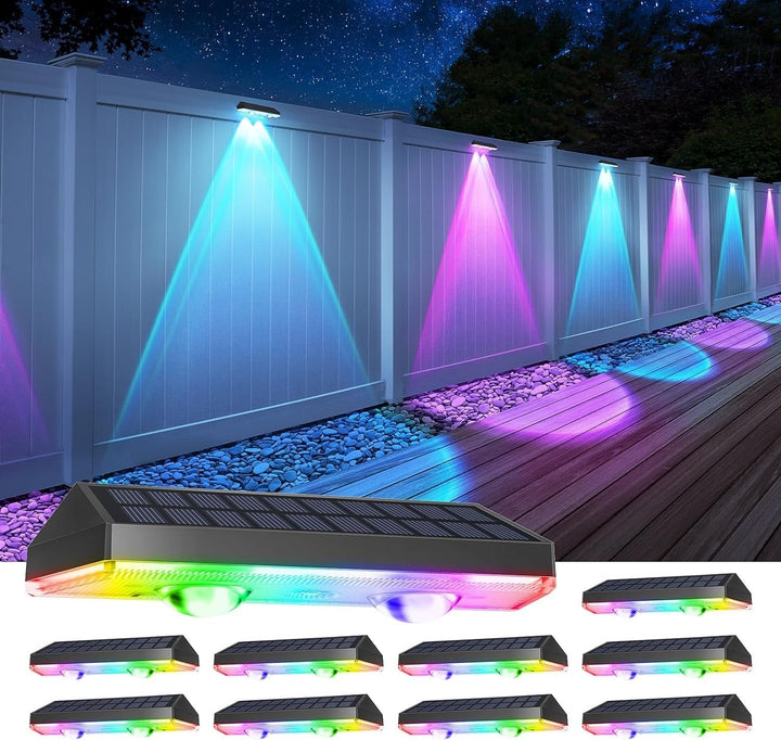 Lisslune | Solar fence lights outdoor warm white & RGB changing solar deck lights, LED solar lights for outdoor wall railing terrace stairs step garden backyard