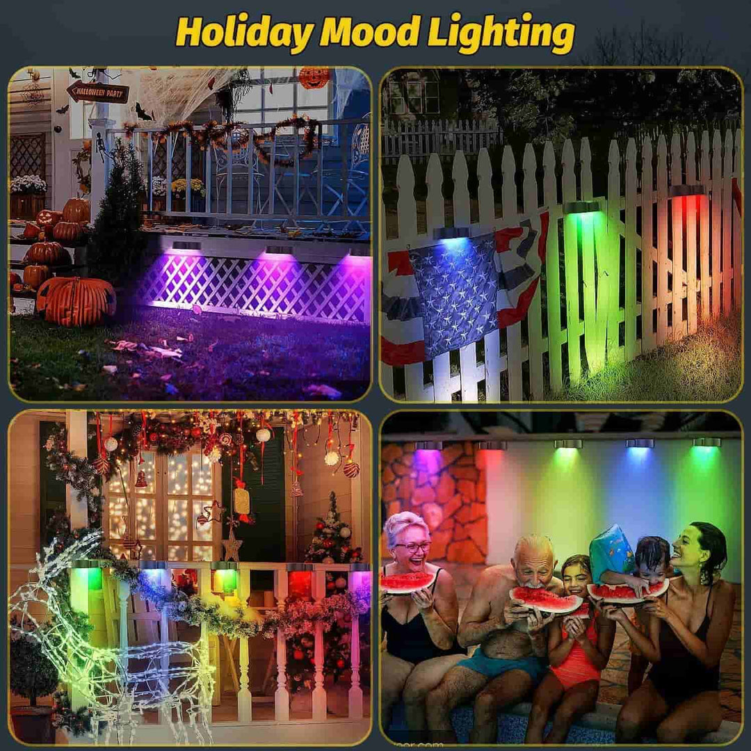 Lisslune | Solar fence lights outdoor wall lights Waterproof IP65, Warm white & RGB 8 specific fixed colors for fence wall step deck patio