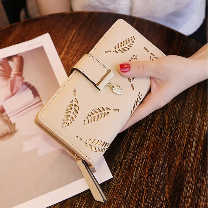 Lisslune | GoldenLeaf PU Leather Wallet with Leaf Charm Design