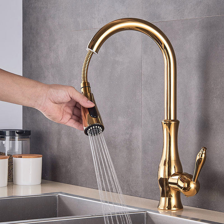 Lisslune | Brass Kitchen Faucet Pull Out Mixer Sink Water Tap 360 Rotation Single Handle