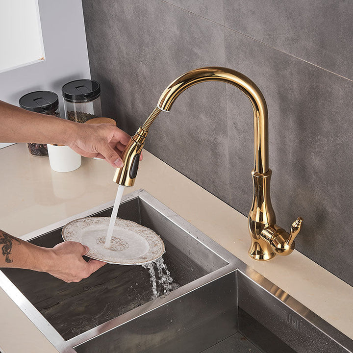 Lisslune | Brass Kitchen Faucet Pull Out Mixer Sink Water Tap 360 Rotation Single Handle