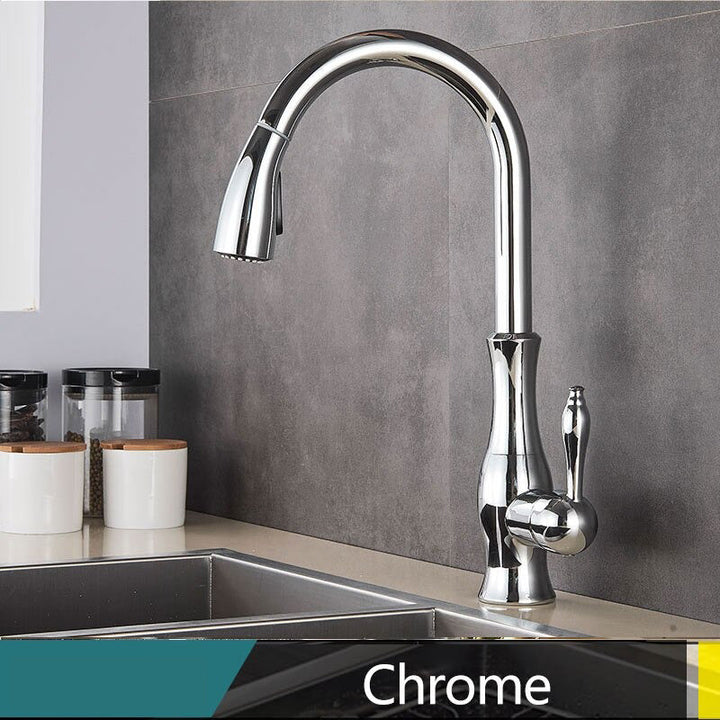 Lisslune | Brass Kitchen Faucet Pull Out Mixer Sink Water Tap 360 Rotation Single Handle