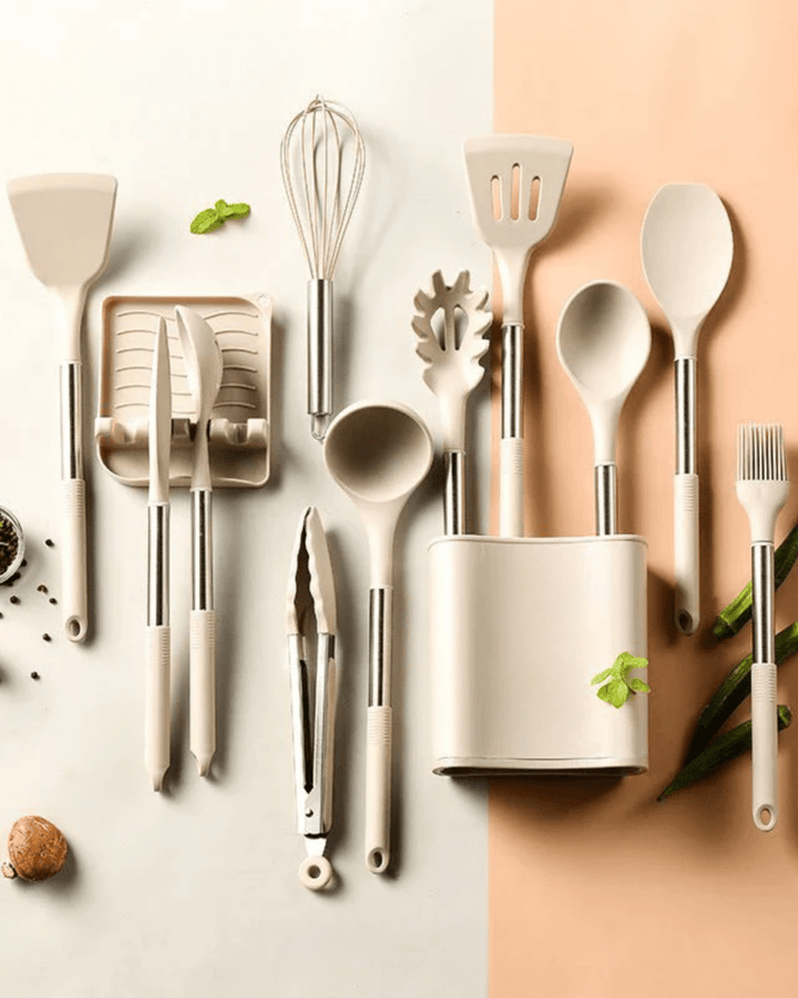 Lisslune | KITCHENORA – Complete Utensil Set with Silicone Heads & Wood-Style Handles