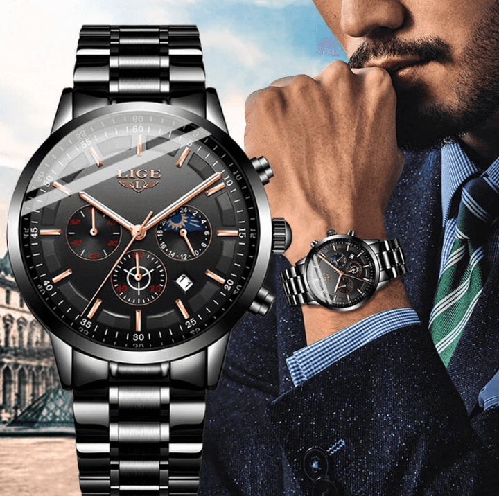 Lisslune | Military Black Steel Watch – Men's Stainless Steel Wristwatch with Day, Date & Night Display