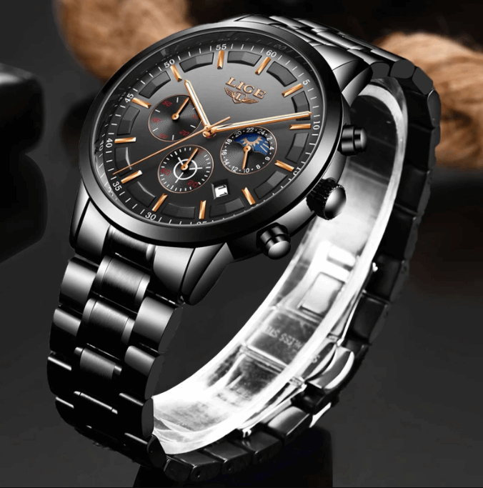 Lisslune | Military Black Steel Watch – Men's Stainless Steel Wristwatch with Day, Date & Night Display
